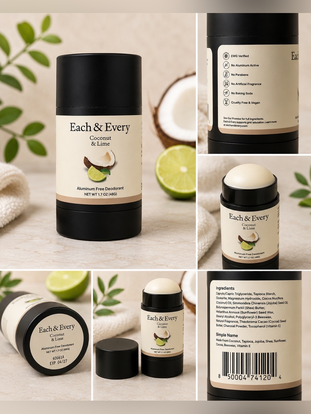 Each & Every Coconut & Lime Aluminum Free Deodorant 1.7 oz New